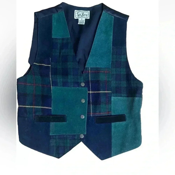 Vintage 90s Patchwork Tartan Plaid Suede Leather Dark Academia Vest M - Picture 1 of 5